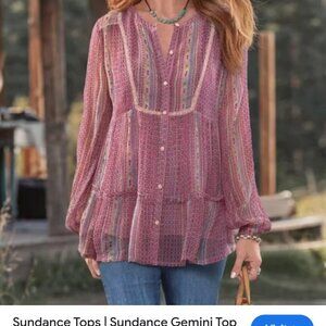 Sundance Blouse Gemini Top Berry Pink Floral Boho Long Sleeve Sz M Cupro Sheer
